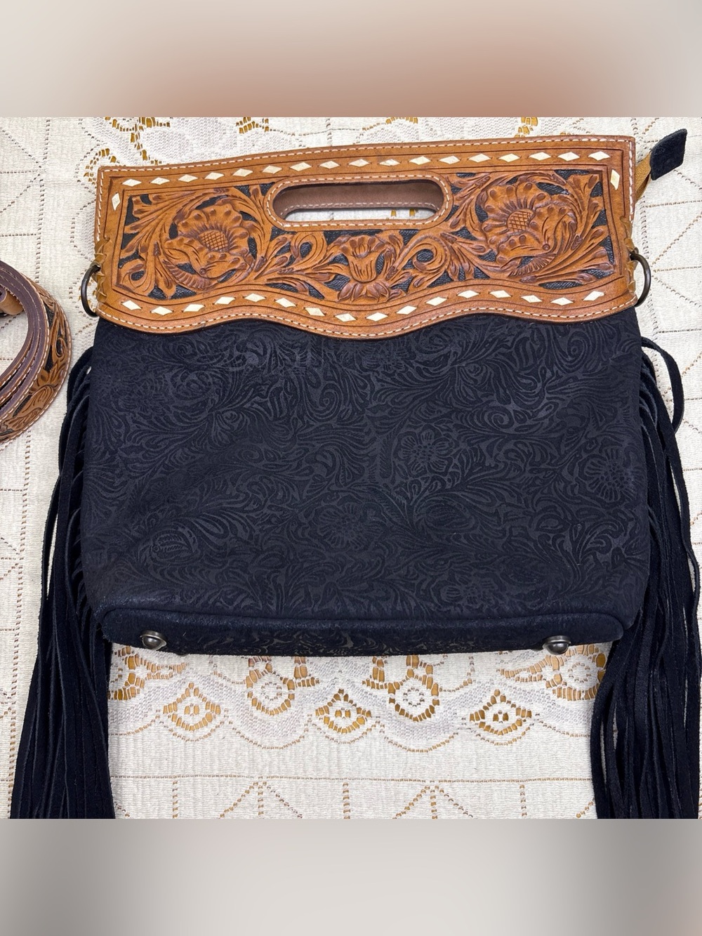American Darling Black Crossbody Bag with Brown Tooled Leather Trim